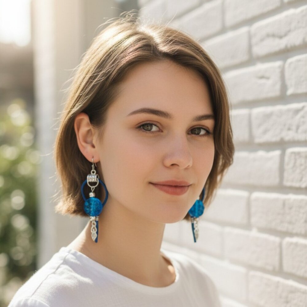Blue Turquoise Celtic Knot Leather Earrings with Frosted Glass Bead